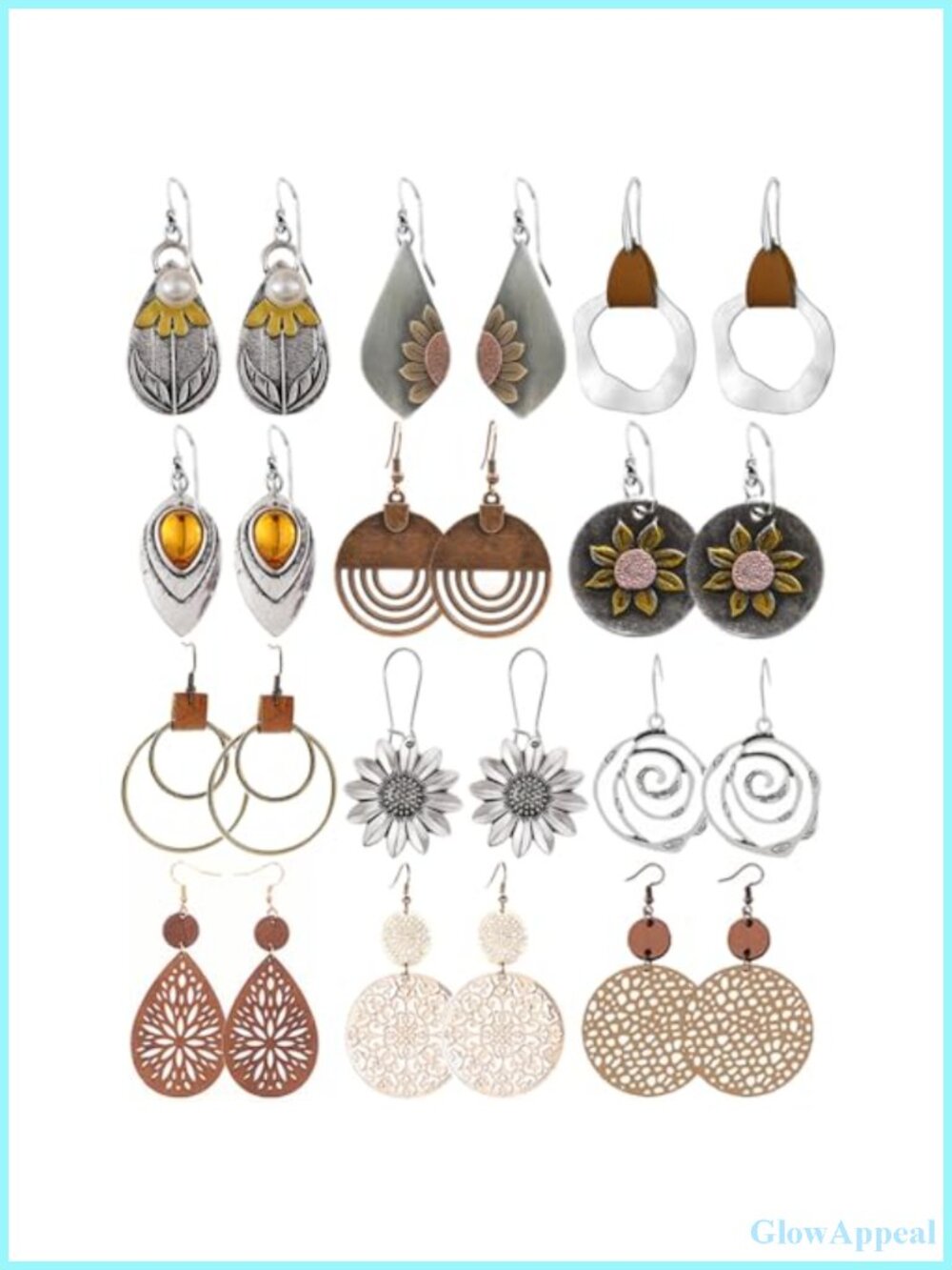12 Pairs Boho Vintage Geometric Round Earrings Wooden Leather Ethnic Style
